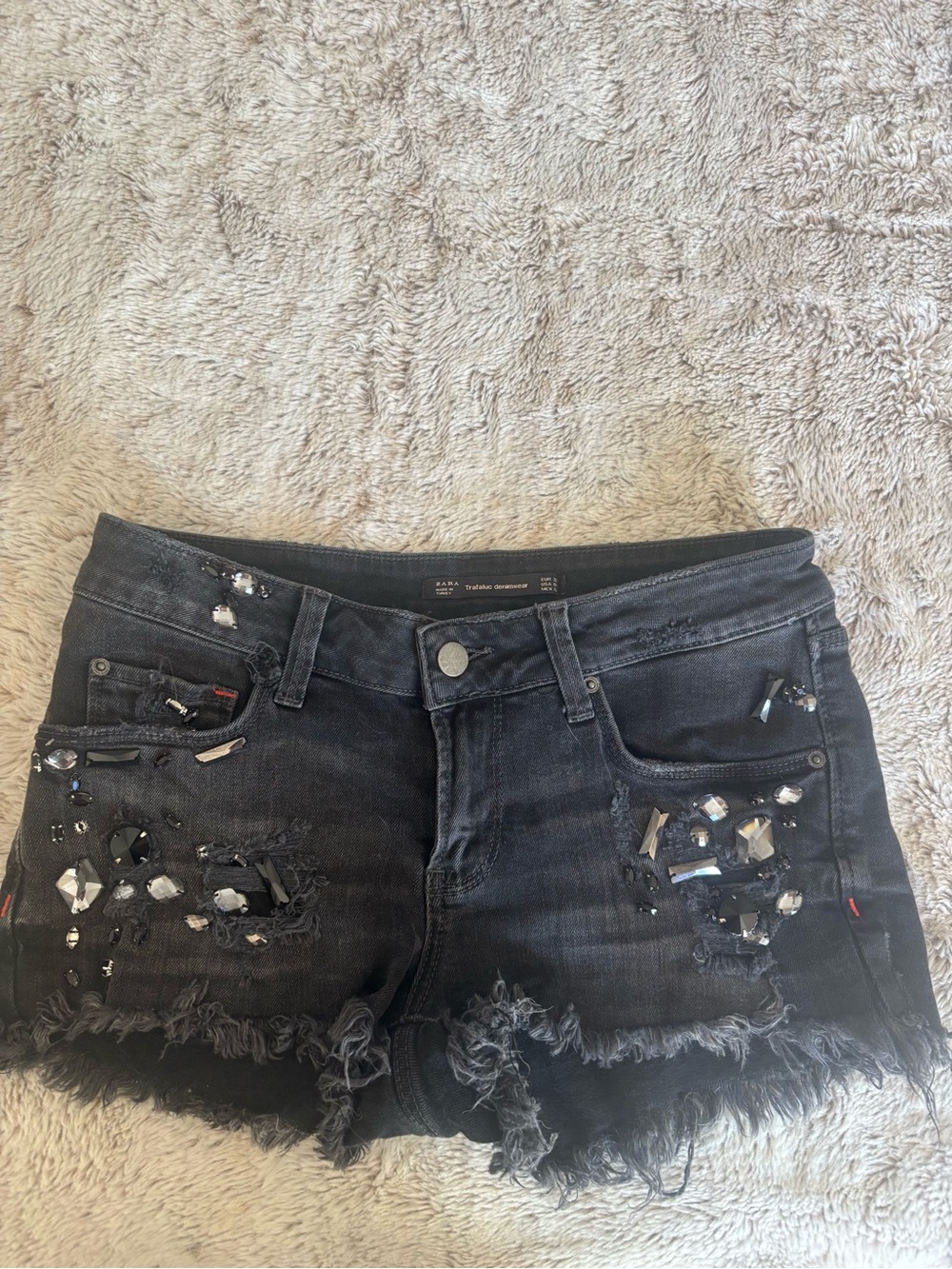 Zara Black Distressed Jean Shorts with Crystal Embellishments